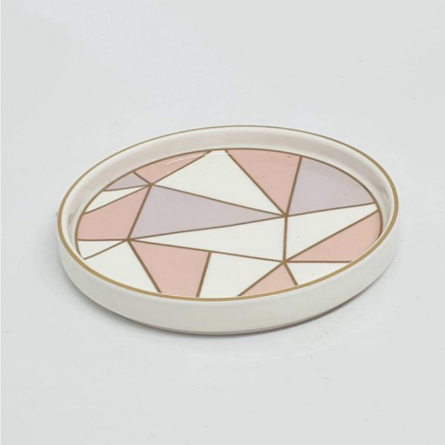 Bandeja redonda borda dourada cerâmica WMK branco e rosa formas geométricas