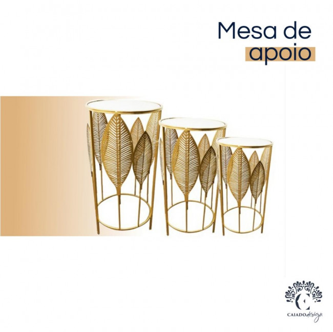 Trio de  Mesas Ferro folhagem Dourada Med. 1-35x69  x 2-30x59 x 3-25x49